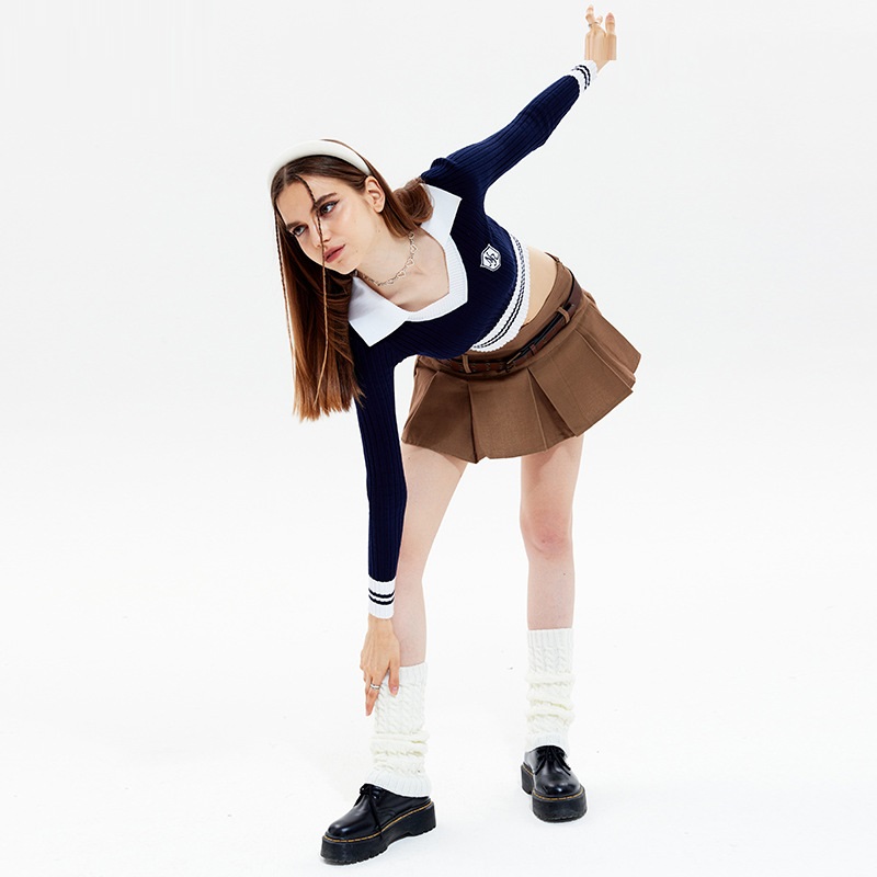 Women's Preppy Style Colorblock Long-sleeved Knitted Short Slim Top - Image 4