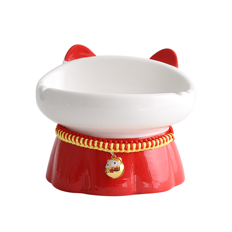 Red Fire Cat High Footed Cat Bowl Ceramic Neck Guard Oblique Mouth Vertebra
