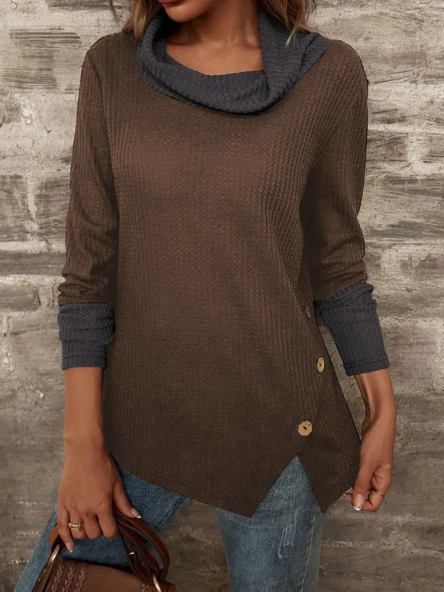 Waffle Half High Collar And Long Sleeves Dark Coffee - Shop at LoveMi
