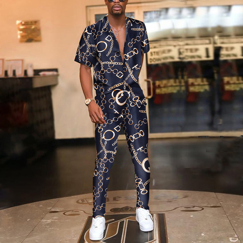 Fashion Men's Printed Shirt Casual Suit