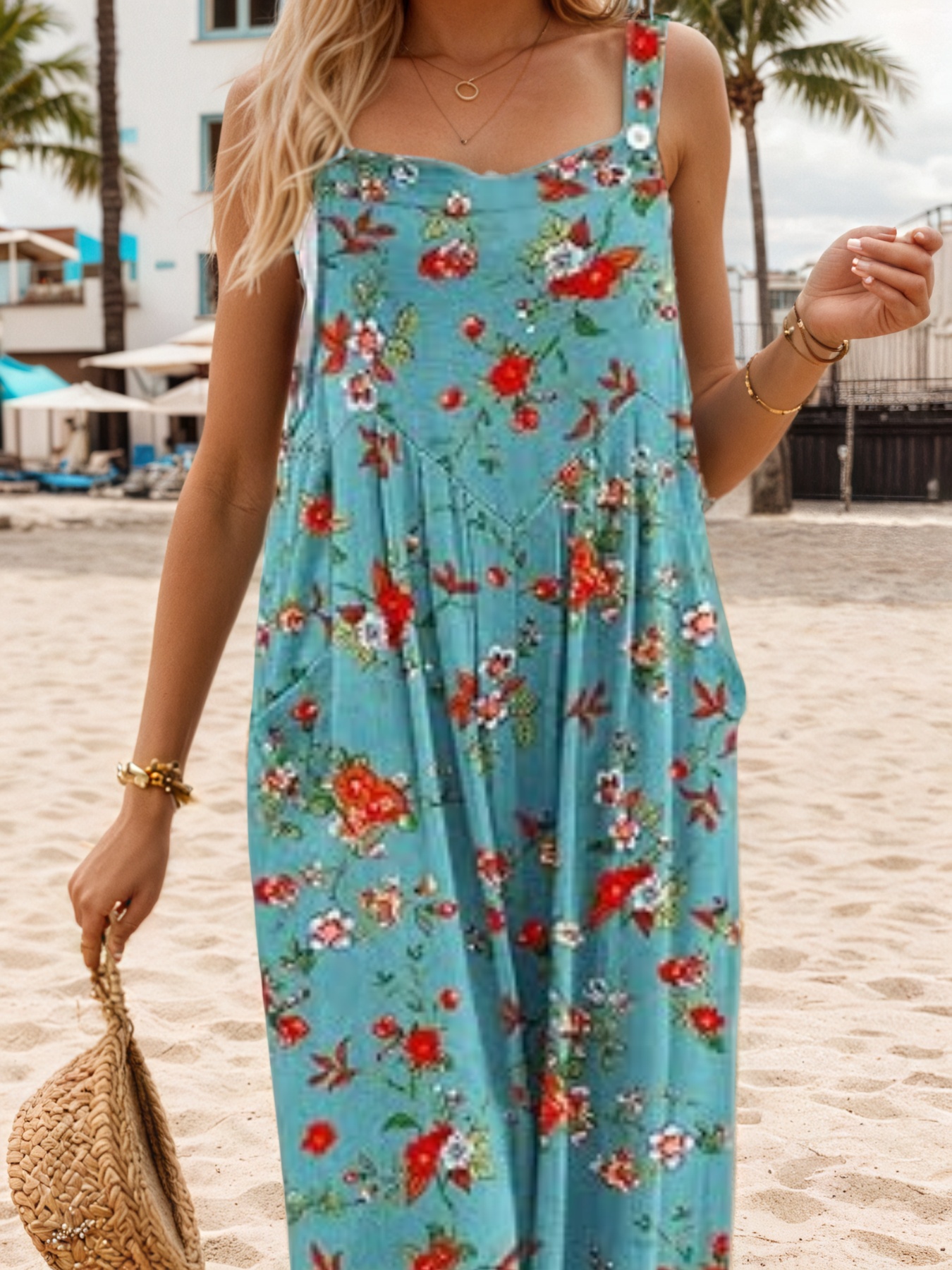 New Women’s Summer Printed Casual Overalls Loose Wide Leg Jumpsuit Bohemian Floral Printed Loose Jumpsuit With Pocket