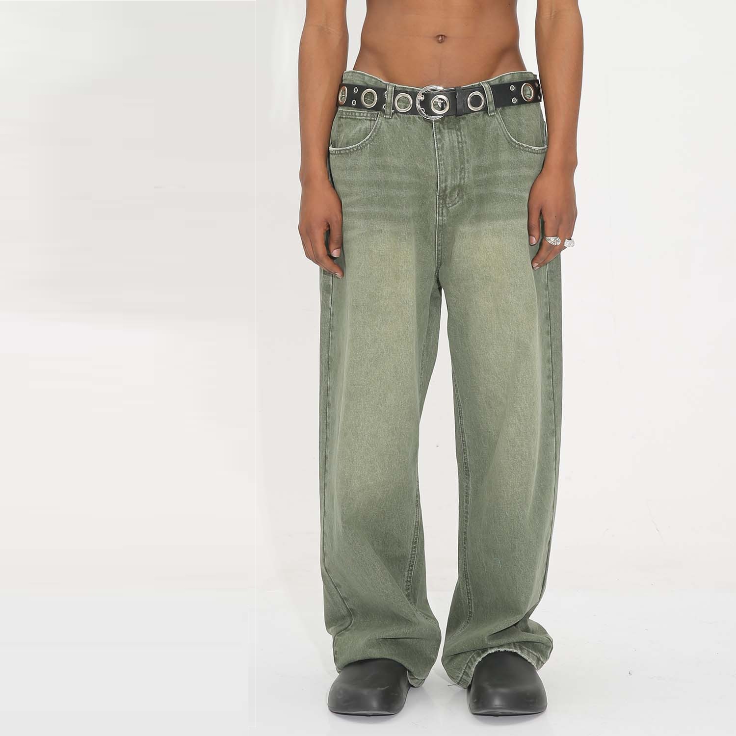 Loose Personality Washed Waist Vintage Green Frayed Jeans