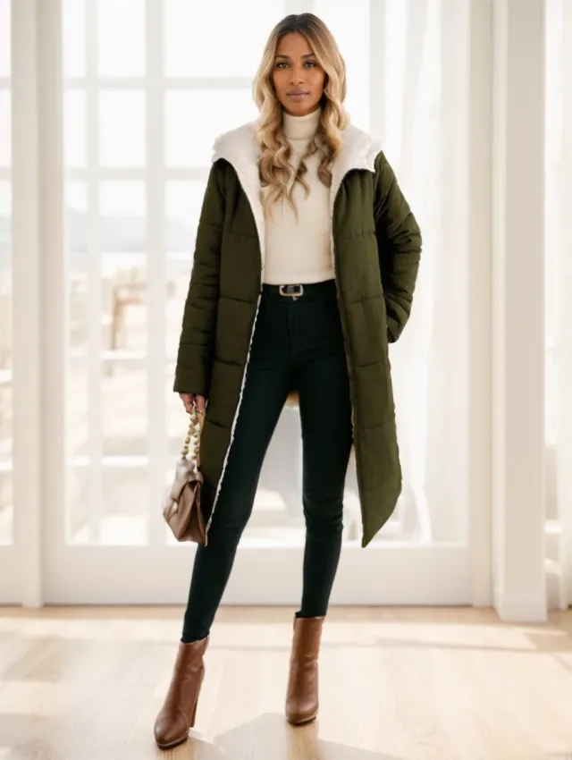 Women's Winter Long Sleeve Zip Up Hooded Cotton Padded Coat Green - Shop at LoveMi