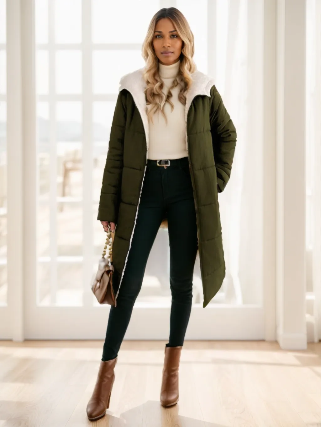 Women's Winter Long Sleeve Zip Up Hooded Cotton Padded Coat - Green