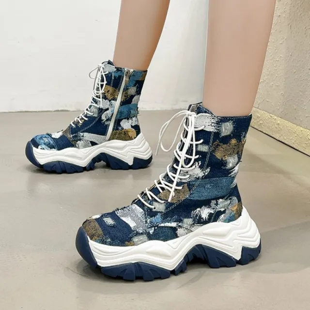 Thick Soled Doc Martens Boots Colorful Graffiti Made Old Canvas Short Boots Blue - Shop at LoveMi