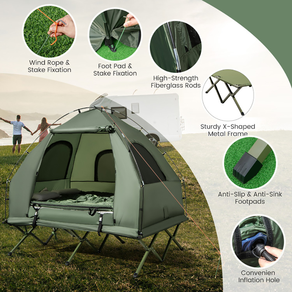 Foldable Outdoor Camping Tent Cot With Air Mattress And Sleeping Bag For Camping, Hiking, Fishing And Other Outdoor Activities