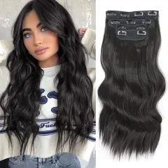 Women's Long Wig Water Ripple Hair Extension Piece 4-piece Set - Black - View 1