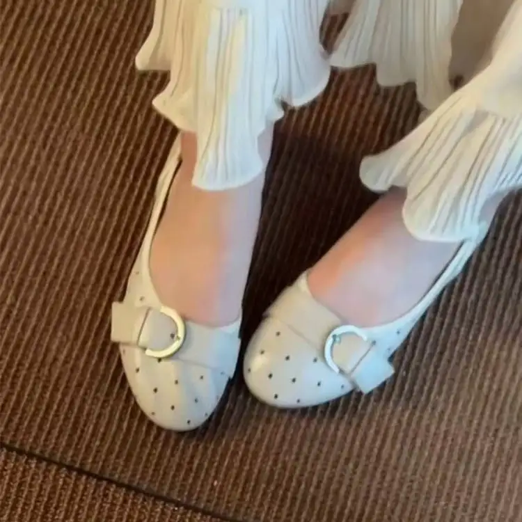 Women Fashion Hollow Out Breathable Flat Pumps French Belt Buckle Side Cut Out Slip On Ballet Flats