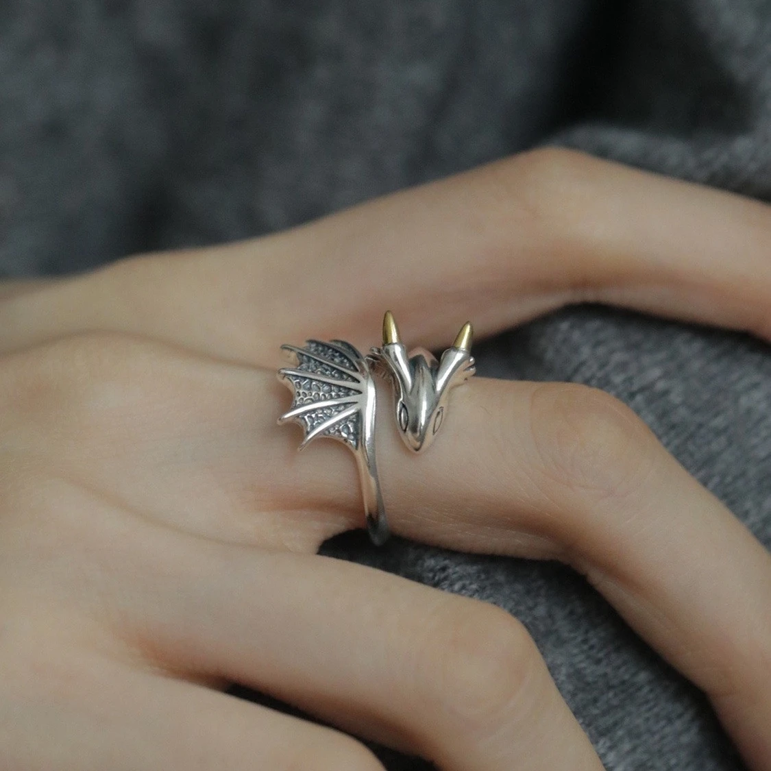 1pcs Two-Tone Vintage Dragon Wing Adjustable Open Ring, Dark Punk Gothic Style, For Daily Street Cosplay Wear & Men Women Unique Holiday Gifts