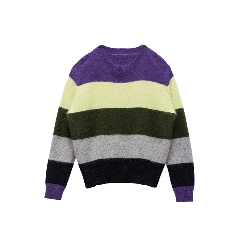 Title 4, Loose Round Neck Contrast Large Striped Sweater...