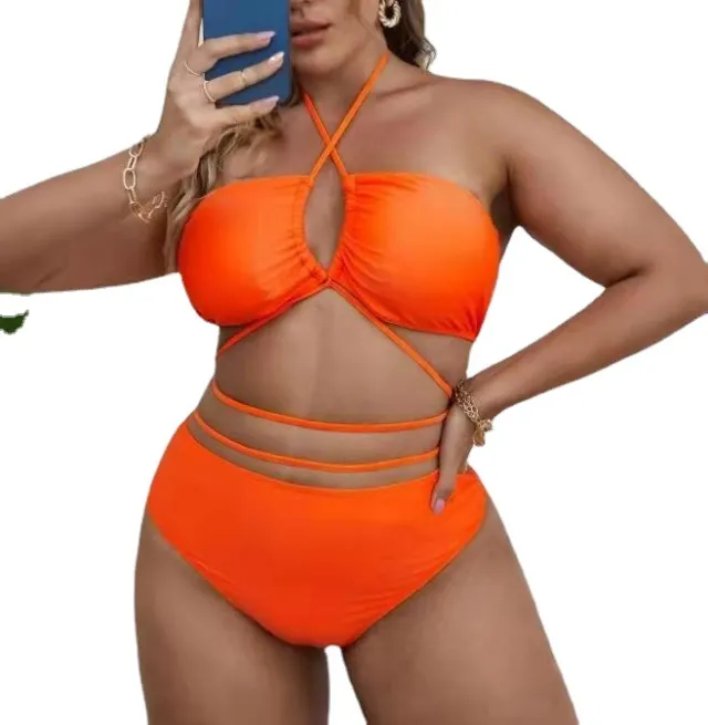 Plus Size Solid Color Split Ladies Bikini Set Orange - Shop at LoveMi