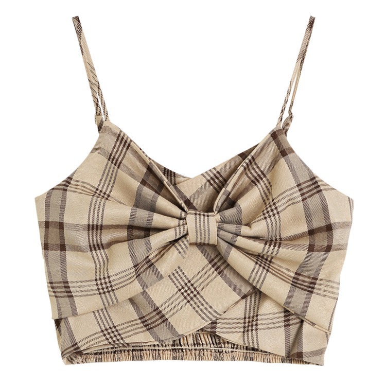 Summer Dress New Stacking Artifact Plaid Bow Tie With Niche Design Sling Small Top Women