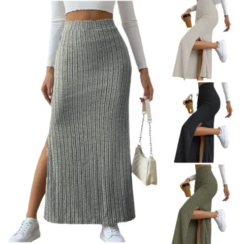 Spring Long Skirt High Waist Side Slit Slim Fit