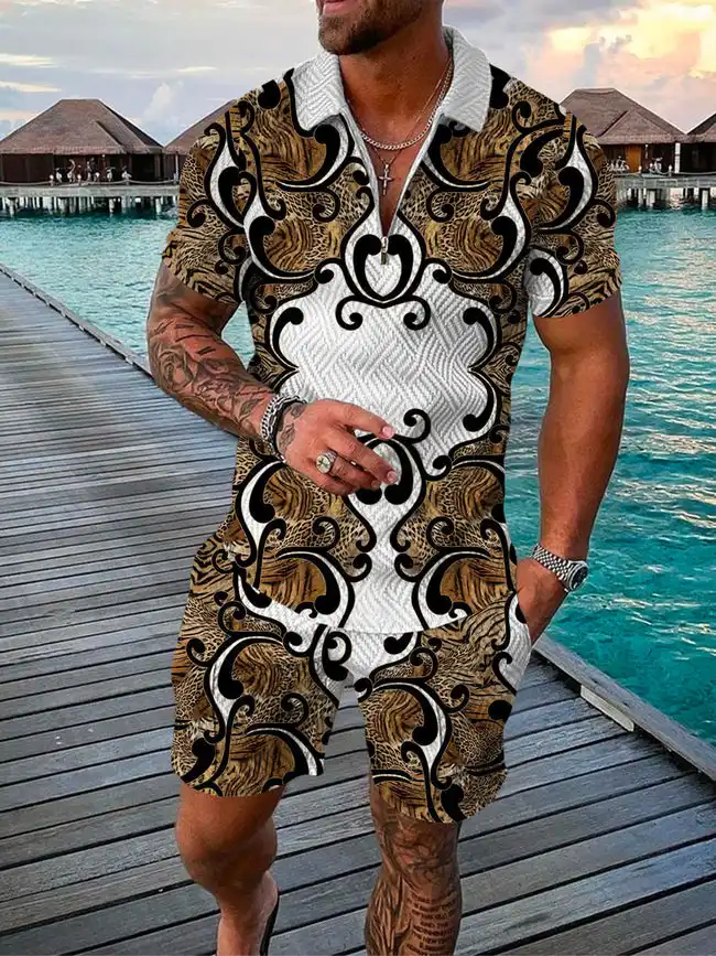 Men's Summer Fashion 3D Printed Short Sleeve Geometric Zip Lapel Shirt Set