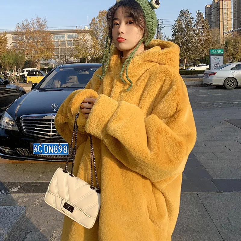 Women's Winter Loose Large Size Imitation Mink Plush Fur Coat - Yellow