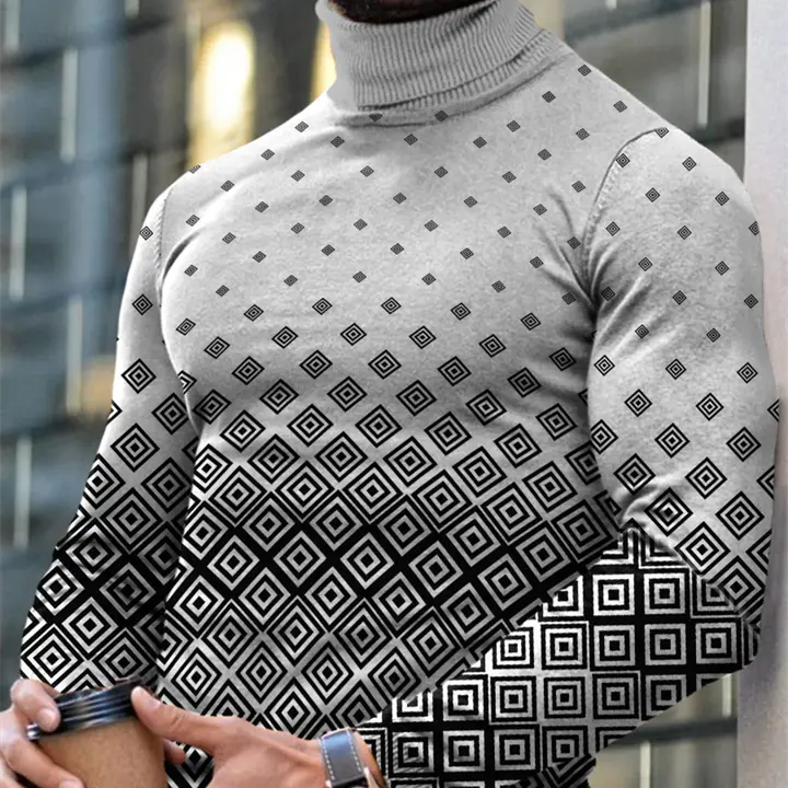 Autumn Winter Men's Long Sleeve Turtleneck T Shirt Printed Casual Top