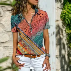 New Women's Boho Zip Short Sleeve T-Shirt - Picture8-Xl - View 1
