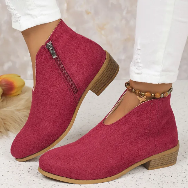 Fashion V cut Ankle Boots With Side Zipper Round Toe Square Heel Suede Boot For Women Shoes Winter Red - Shop at LoveMi