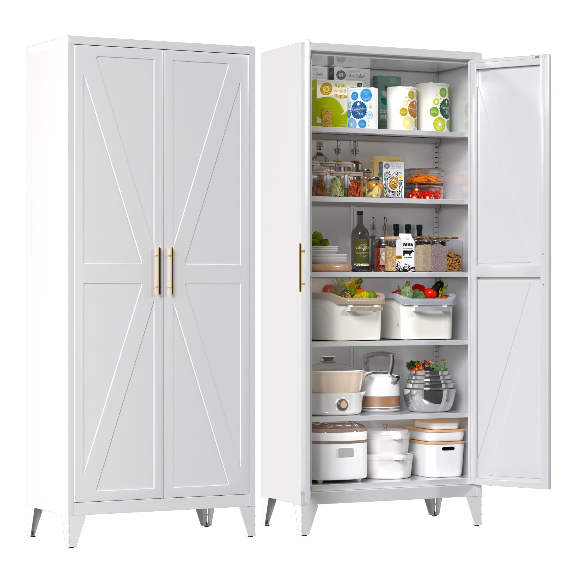 75inch H Metal Pantry Cabinet, Kitchen Pantry Storage Cabinets With 5 Adjustable Shelves, For Home, Required Assembly, White