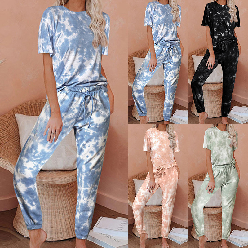 Short Sleeve Gradient Printed Tie-Dye Pajamas Homewear