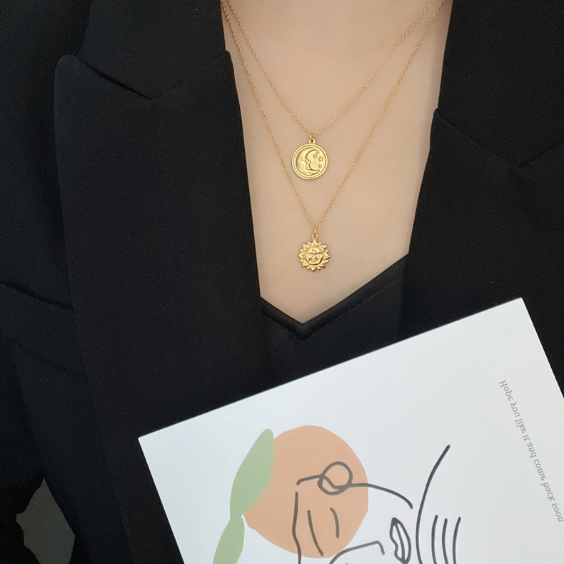 French Vintage Embossed Sun And Moon Short Necklace