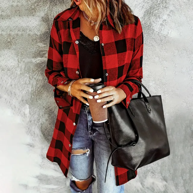 Women's Long Sleeve Plaid Print Button Front Casual Shirt For Spring & Fall Red - Shop at LoveMi