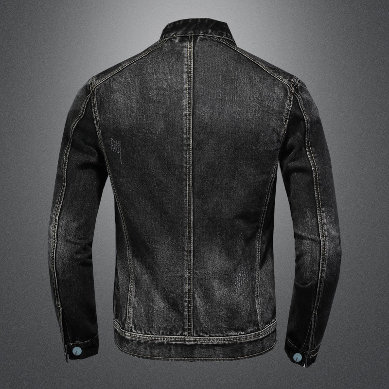Stand Neck Zipper Denim Coat Men's Large