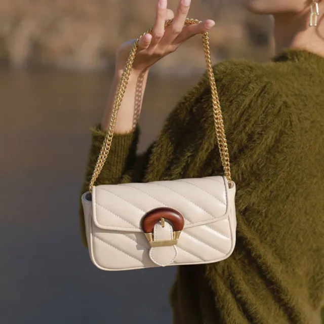 Embroidered Thread Chain Design Messenger Bag For Women Big Metal Buckle Shoulder Bag Beige - Shop at LoveMi