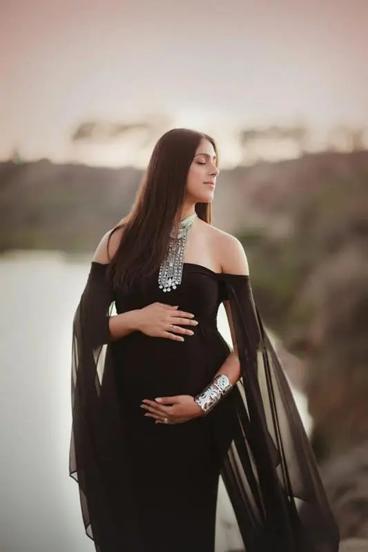 Mercerized Cotton Pregnant Woman Fluttering Tail Fluttering Sleeves Long Dress Black - Shop at LoveMi