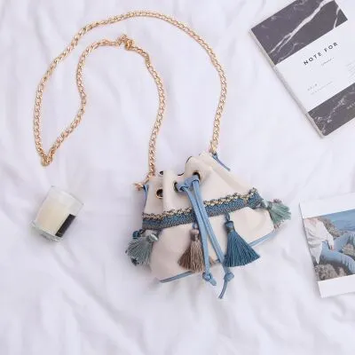 Ethnic Style Small Bag Women Fashion Tassel Shoulder Messenger Bag Mini Bucket Bag White - Shop at LoveMi