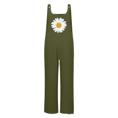 Women's Outer Flower Overalls Cotton Linen Buttons - Green - View 1