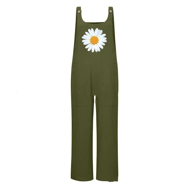 Women's Outer Flower Overalls Cotton Linen Buttons Green - Shop at LoveMi