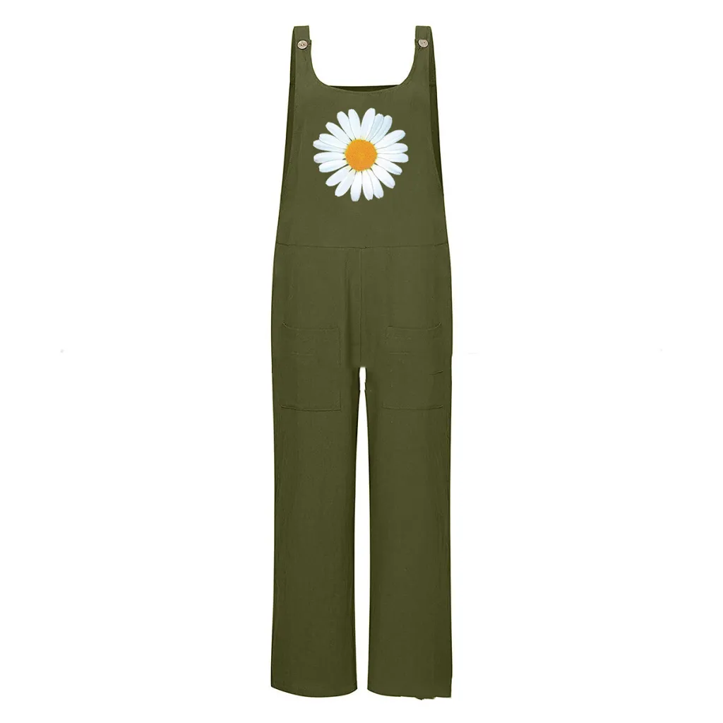 Women's Outer Flower Overalls Cotton Linen Buttons - Green