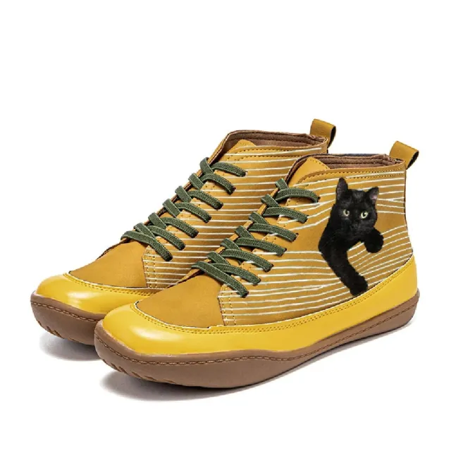 Cat Print Round Toe Ankle Boots Lace Up Casual Flat Shoes Autumn And Winter Fashion Women's Boots Footwear Yellow - Shop at LoveMi
