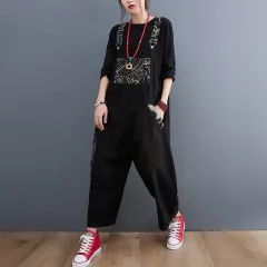 Retro Casual Patchwork Design Jeans Suspenders Wide Leg Pants For Women - Black - View 1