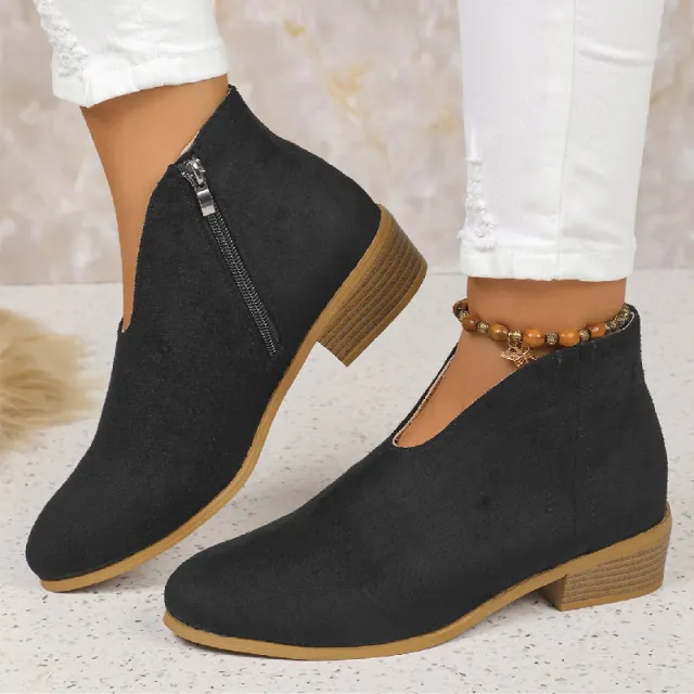 Fashion V cut Ankle Boots With Side Zipper Round Toe Square Heel Suede Boot For Women Shoes Winter Black - Shop at LoveMi