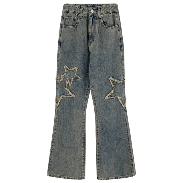 Spring High waisted Draping Straight Slightly Flared Jeans Blue - Shop at LoveMi
