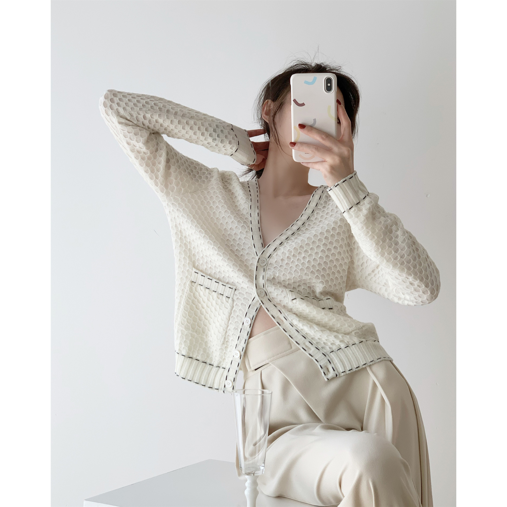 Ivory Wool Special Texture Contrast Single-breasted Knitted Cardigan