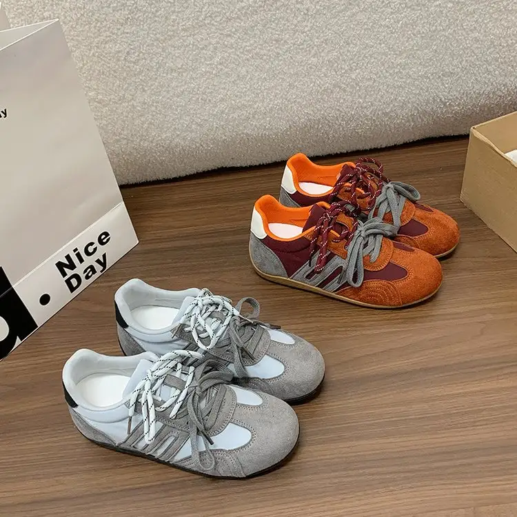 Women Dual Shoelace Color Block Retro Sneakers, Multi Material Spliced Gum Sole Vintage Flat Sole Street Wear Casual Walking Trainers