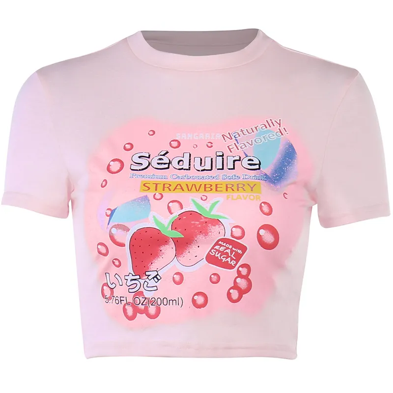 Crewneck Pink Printed Short-sleeved Summer Blouse For Women - Pink