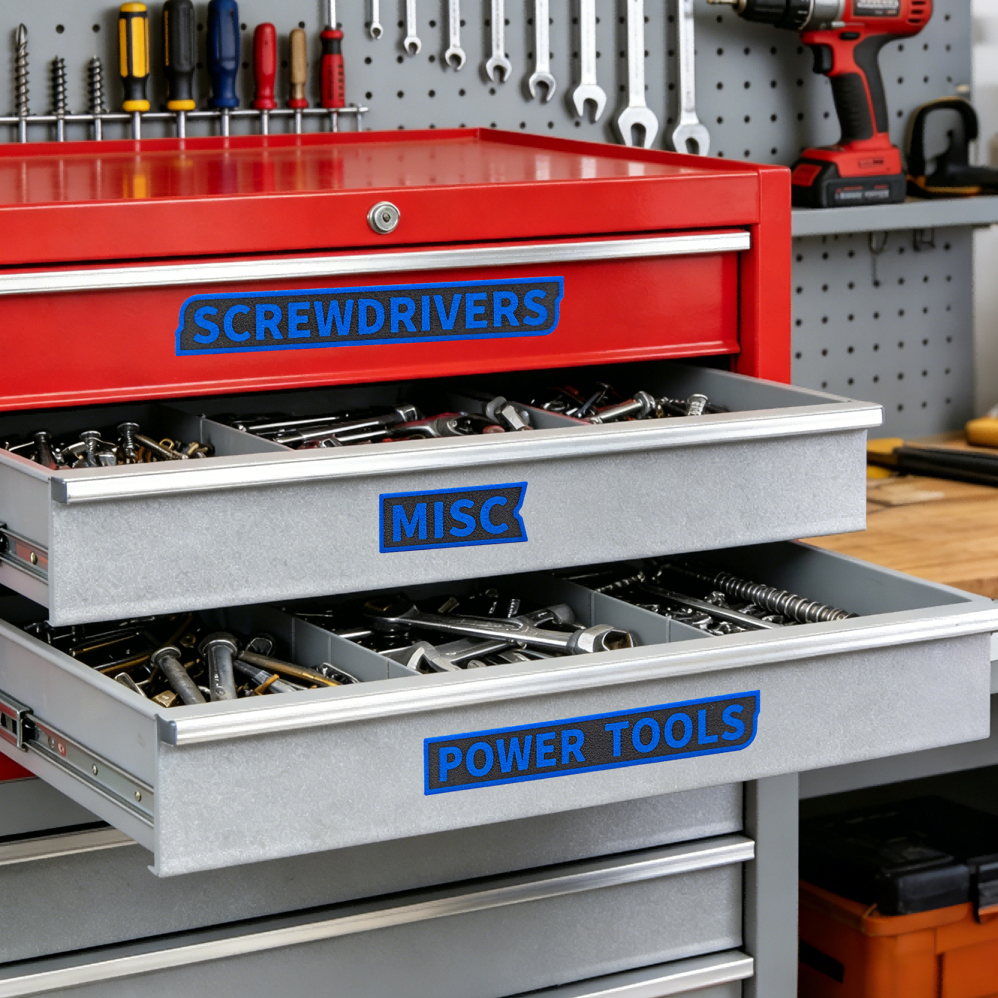 12PCS 3D Printed Tool Box Drawer Labels, Raised Letter Tool Organizer Tags For Screwdrivers Wrenches Sockets Pliers, Garage Workshop Storage Identification Labels