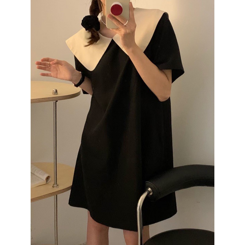 Non-mainstream Style Bow Slimming Tea Dress Contrast-color Doll Collar Dress Front And Back Wearable