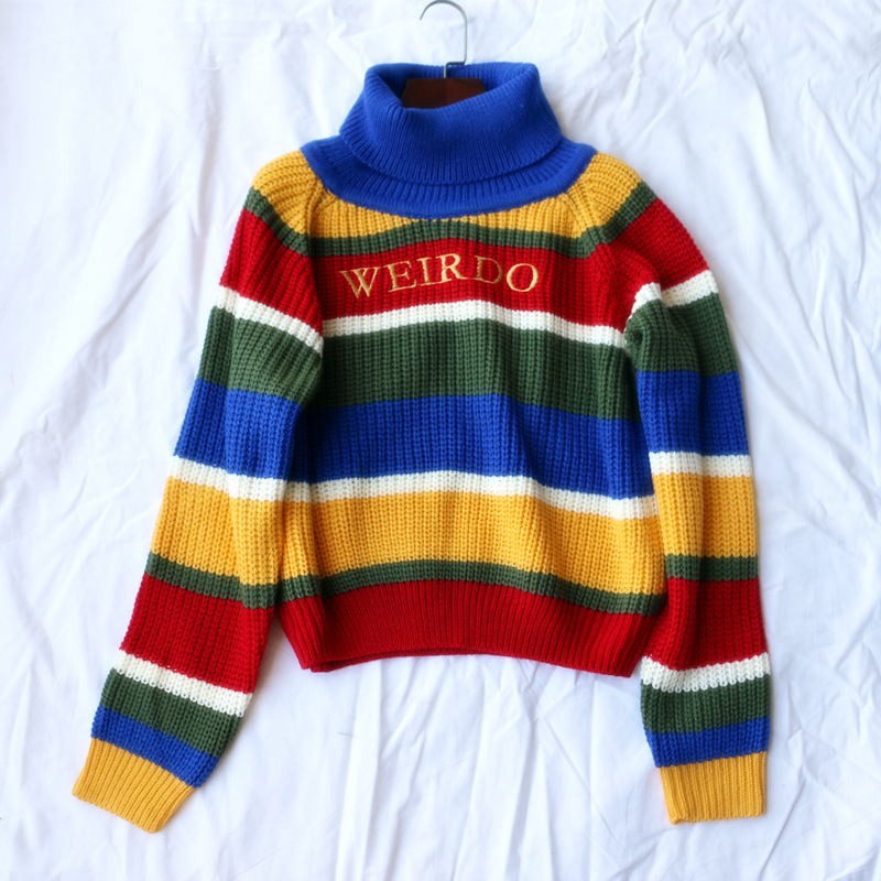 Title 5, Rainbow Stripes Letter Embroidery Turtleneck Lo...