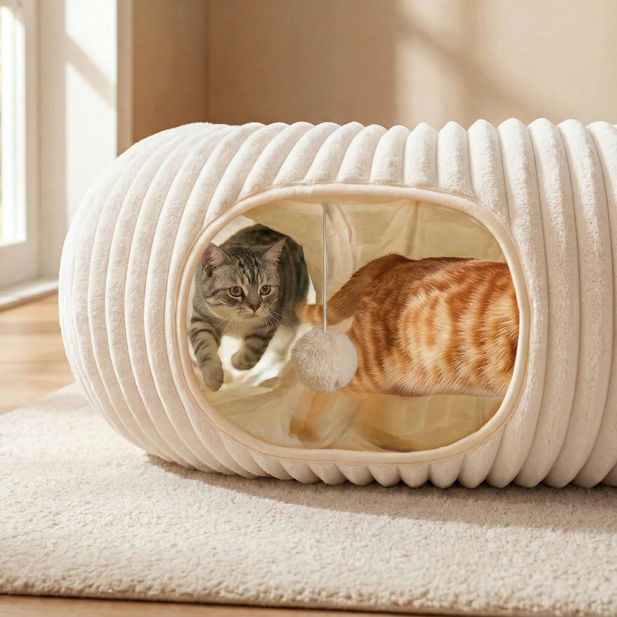 Cat Tunnel Bed With Interactive Cat Toys, Cat Tube With Kitten Toys For Indoor Kittens, Collapsible Play Tunnel, White