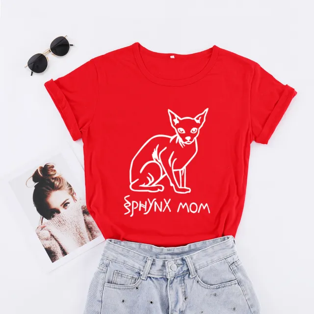 Women's Hairless Cat Pattern Letter Street Short Sleeve Red White - Shop at LoveMi