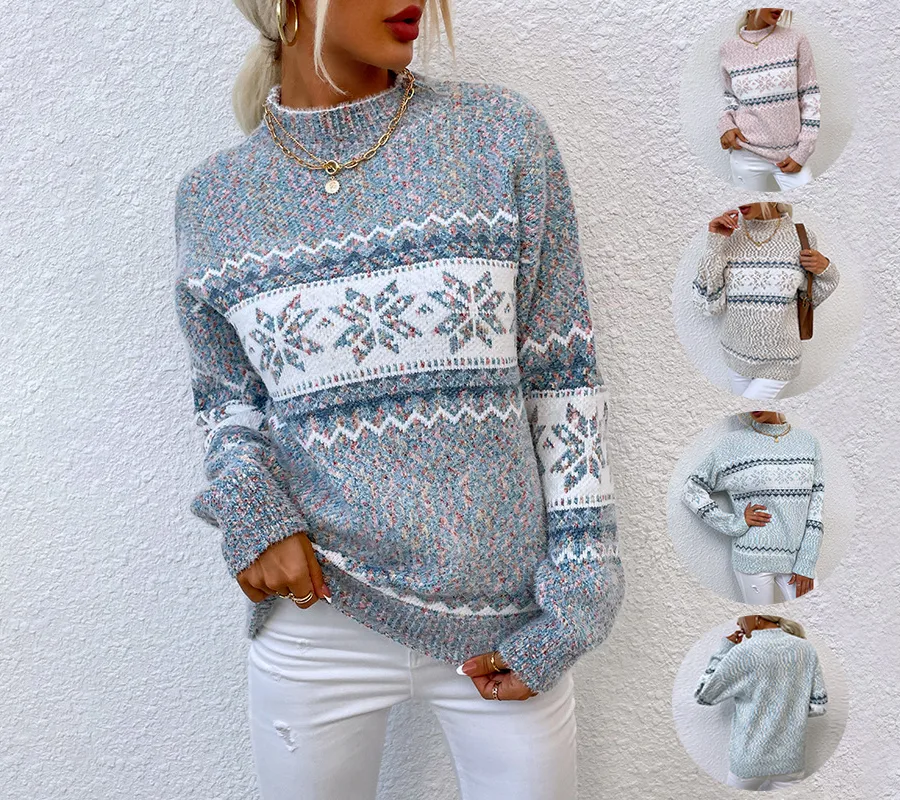 Winter Snowflake Sweater Fashion Half Turtleneck Pullover Knitted Tops