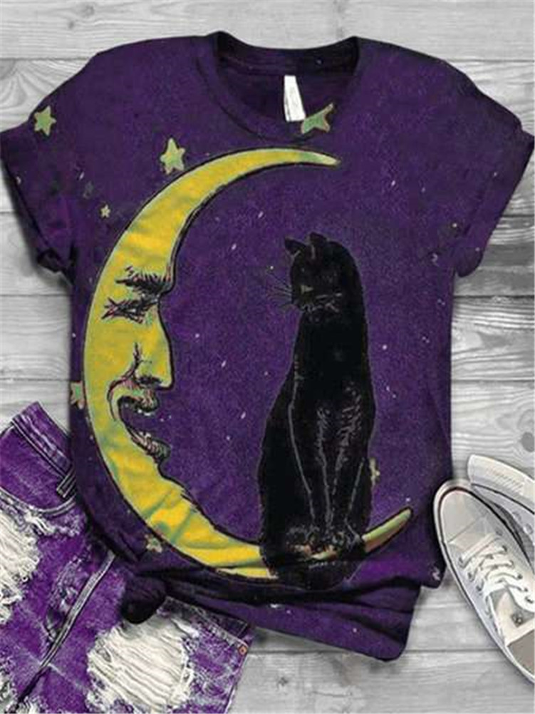 Title 3, Moon Cat Print Comfortable Round Neck Short Sle...