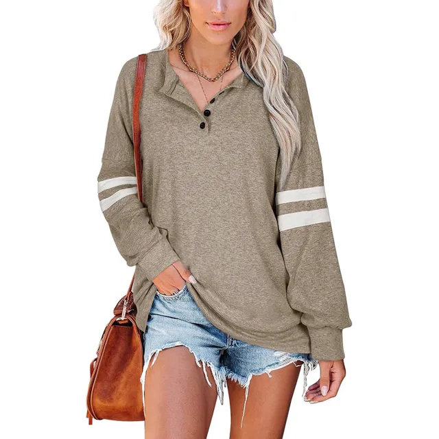 European And American Women's Striped Long sleeved V neck T shirt Sweater Khaki - Shop at LoveMi