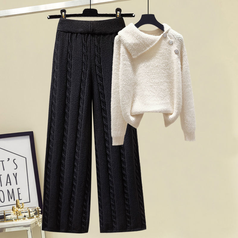 Lapel Knitted Sweater All-match Wide-leg Pants Suit