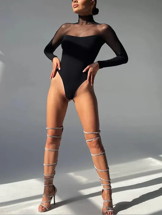Sexy Mesh Stitching Long sleeved Jumpsuit Top T shirt Black - Shop at LoveMi